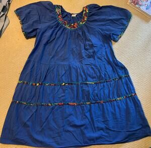 Vintage 80s Appel Muumuu House Dress Blue Cotton Tiered Boho Patio Loungewear L